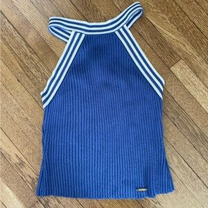 St John Marie Gray cross back tank top womens petite blue white small knit